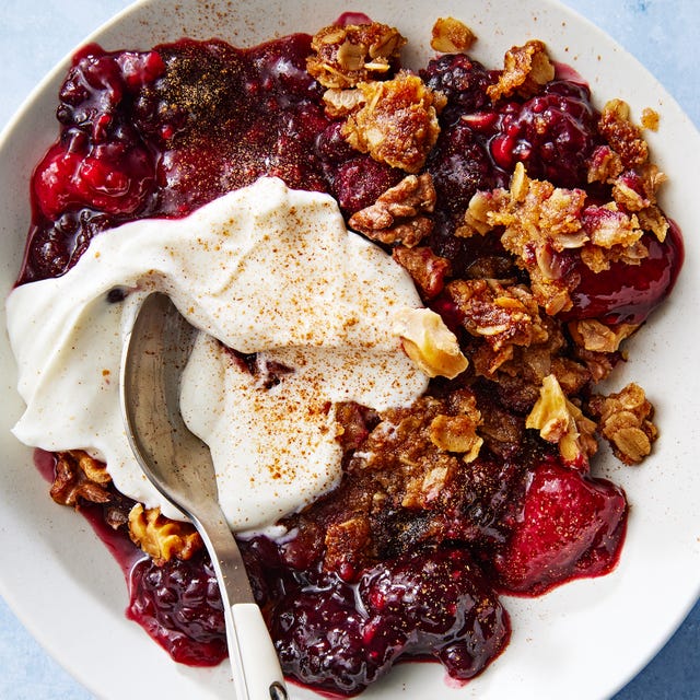mixed berry crisp with a walnut pecan topping
