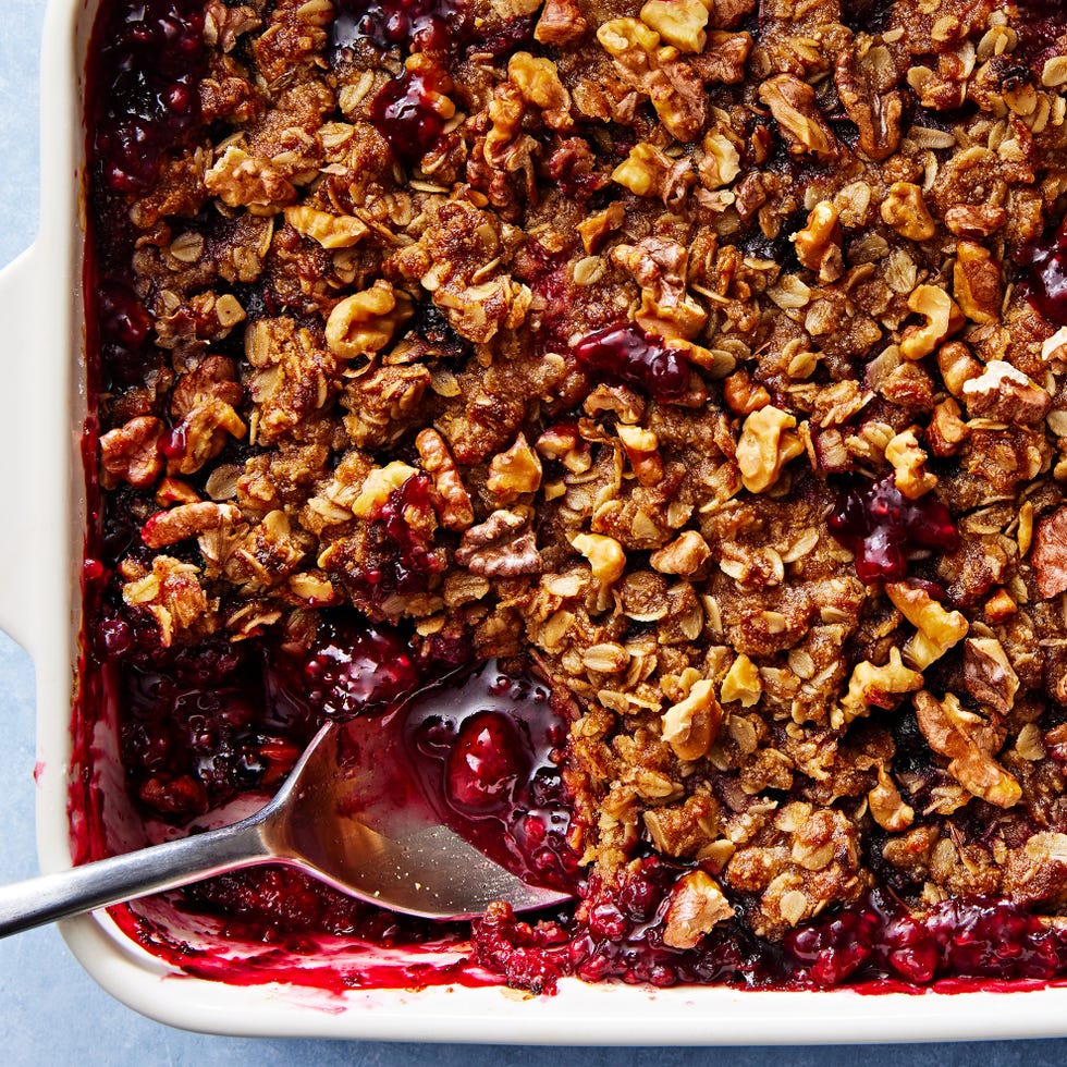 mixed berry crisp with a walnut pecan topping