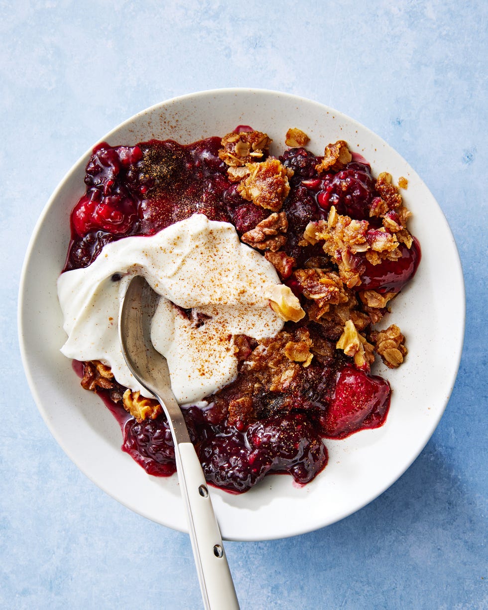 mixed berry crisp with a walnut pecan topping