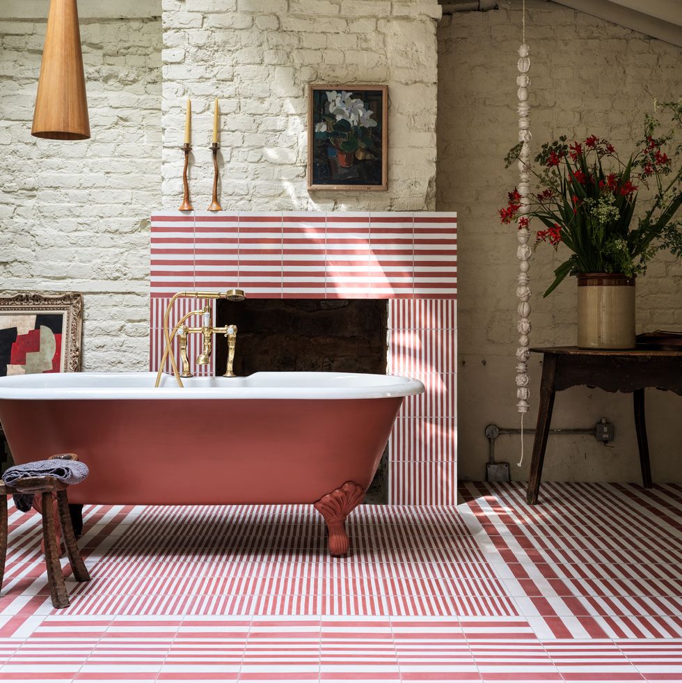 wide, midi and skinny striped tiles in rhubarb and brighton stone