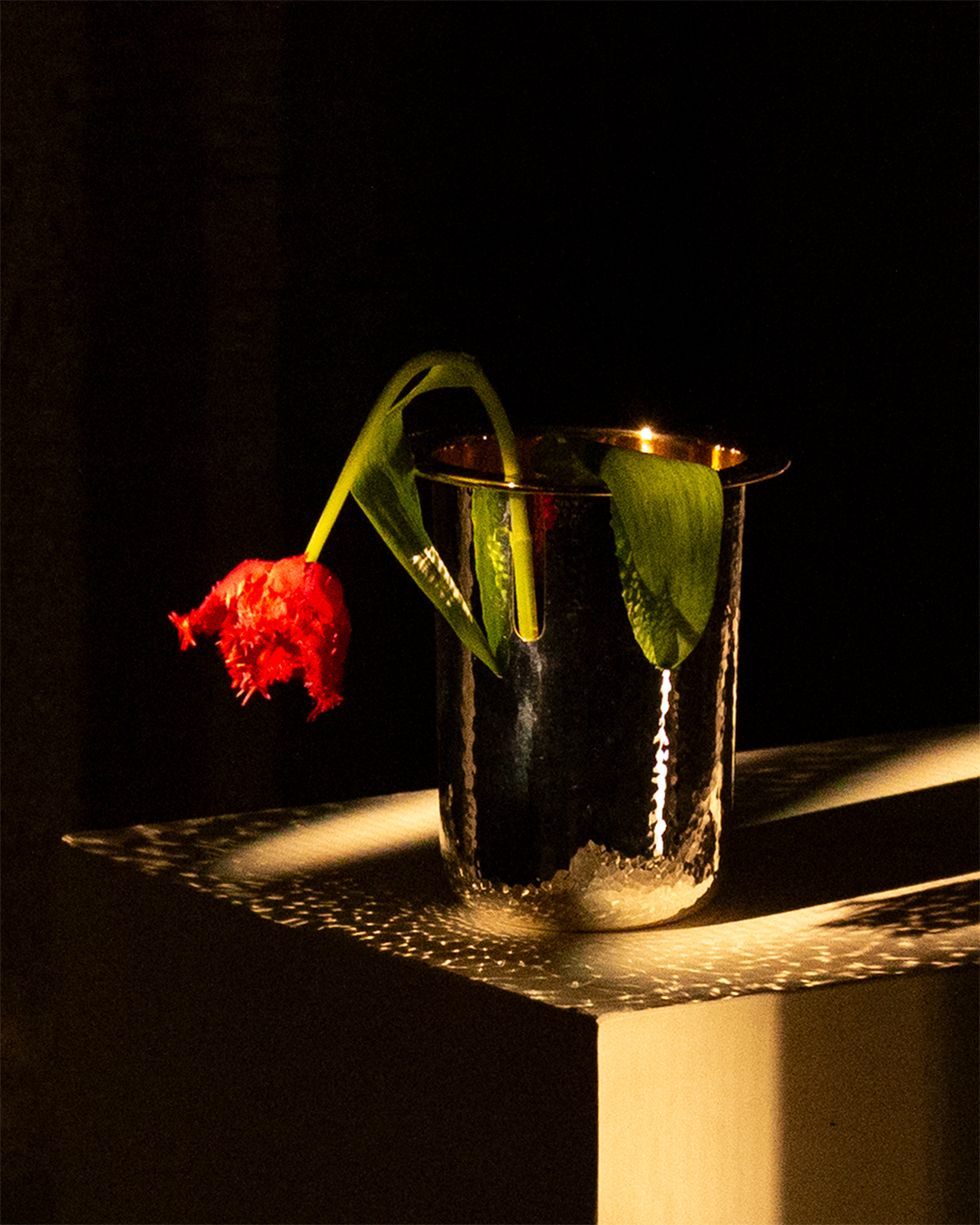 a glass vase with a red flower
