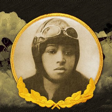 bessie coleman with helmet and goggles, bi plane illustration