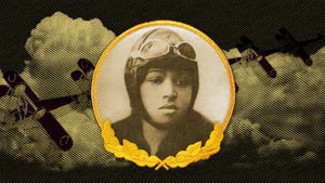 bessie coleman with helmet and goggles, bi plane illustration