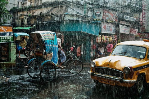 Het leven gaat door ondanks de moessonregen in Kolkata India Het weer is extreem moeilijk te voorspellen zegt Julie Mayfeng over het Indiase regenseizoen dat meestal duurt van juli tot september Op het moment dat deze foto werd gemaakt at ik lunch in een straatcaf plots viel de regen met bakken uit de lucht Ik leende een paraplu van een vreemde en rende de straat op Hoewel ik door en door nat was kon ik deze fantastische scne vastleggen
