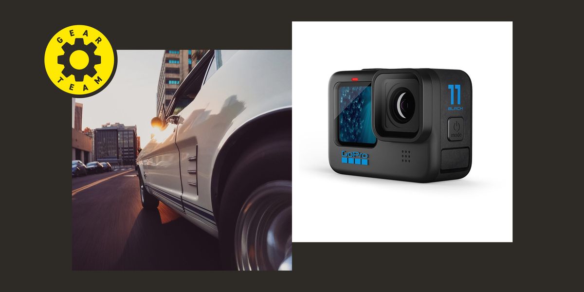a composited image showing a muscle car driving down a city street as captured on a gopro hero11 black and a product photograph of the gopro hero11 black with the gear team logo overlaid on the image