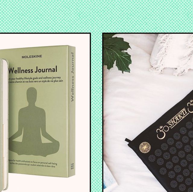 a sage coloured wellness journal in one box and a shakti acupressure stress relief mat in the other