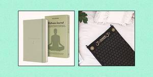 a sage coloured wellness journal in one box and a shakti acupressure stress relief mat in the other