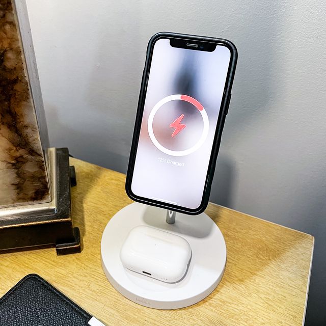 apple charging station with airpods phone and watch