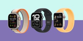 three different apple watch models displaying the time and various health and fitness metrics