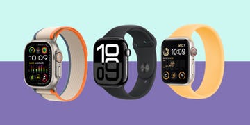 three different apple watch models displaying the time and various health and fitness metrics