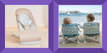 babybjörn bouncer, two small children sitting in parker portable baby chairs on the beach