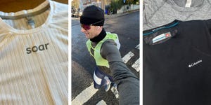 first image shows a white base layer top, the middle image shows a man taking a selfie while on a run and the final image shows two more base layers, a black and a white one