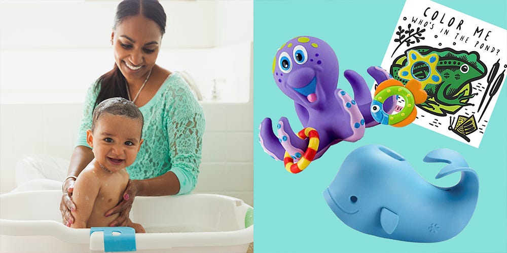 woman bathing her toddler and a few top bath toys