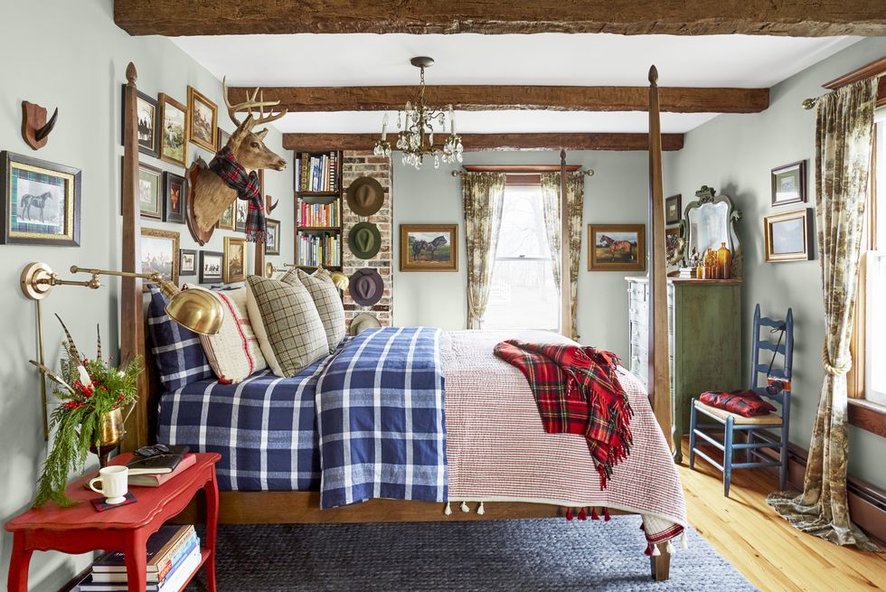 Lumberjack's House, 216-Year-Old Dutch Colonial Farmhouse in the Catskills Little Village of Hortonville, New York Homeowners, Shawn Lange and Christopher Pribilica's Bedroom, Plaid Bedding, Blue Bedroom