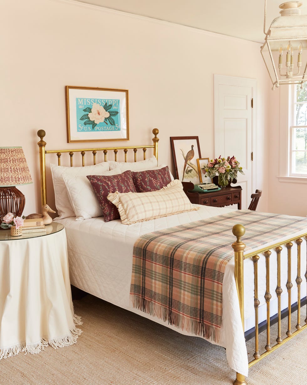 farmhouse in 10 acre pecan grove in the mississippi delta designed by holly audrey williams and rachel hardage barrett, pale pink bedroom