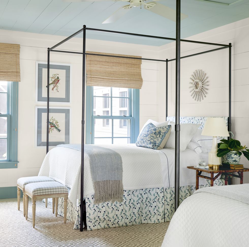 south carolina river house homeowners gerard and shelia frey house designed by jim strickland of historical concepts interior and textile designer heather chadduck hillegas bedroom, blue and white