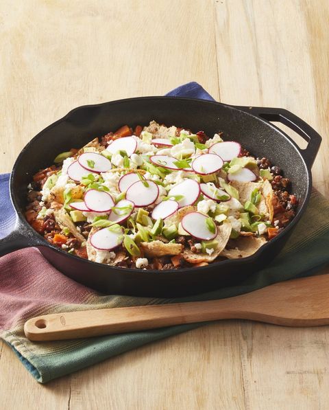 beef taco skillet with wooden spoon
