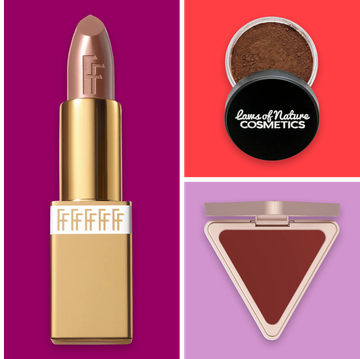 a group of different colored lipsticks and powders
