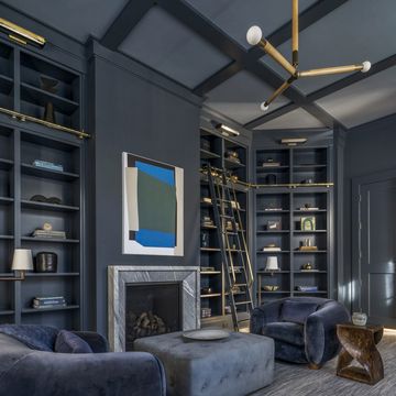 a room with a fireplace and shelves