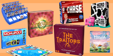 collection of board games on a peach background