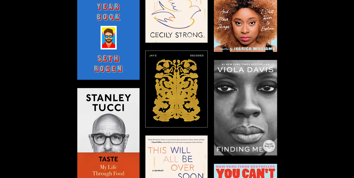 book covers including viola davis finding me, stanley tucci, jessica williams, cecily strong, and seth rogan