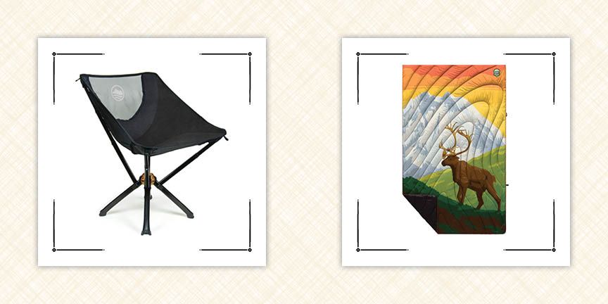 folding camp chair and camp blanket with moose illustration