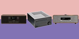 several cd players displayed against a colored background