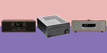 several cd players displayed against a colored background