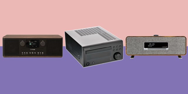 several cd players displayed against a colored background