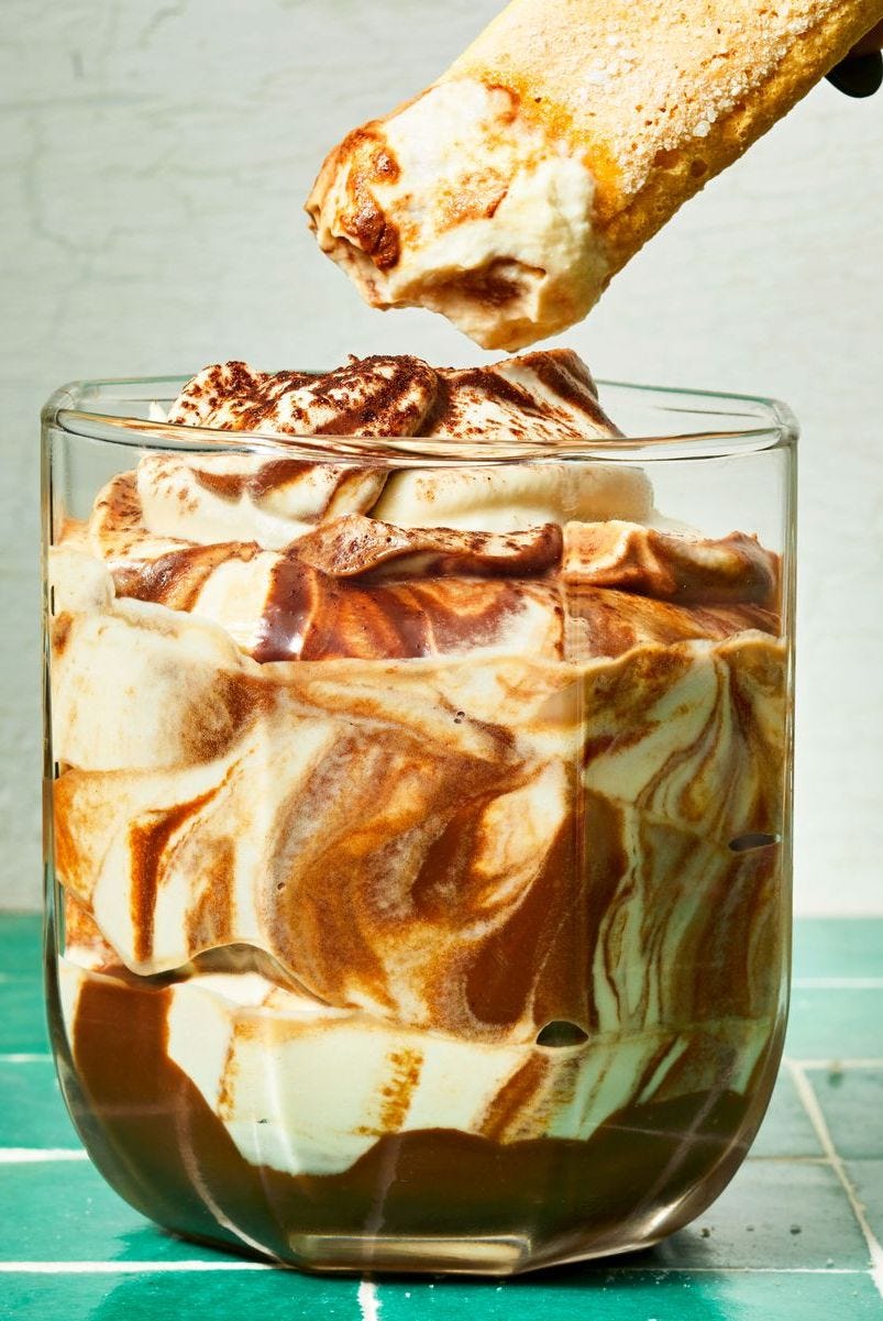 chocolate tiramisu dip in a cup with lady fingers