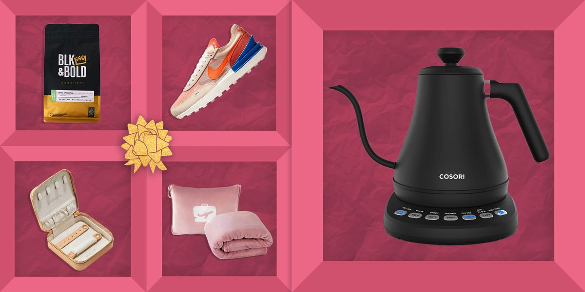 gifts for mom including blk and bold coffee, sneakers, jewelry cases, travel pillow and blanket sets, teapots, and more