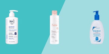 cleansers for mature skin from roc, avene, and vanicream in front of two blue triangles