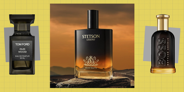 displayed are three distinct perfume bottles one labeled ’tom ford oud wood’ in a dark rectangular bottle, another branded ’stetson legend’ with a gradient design from black to amber, and the third labeled ’boss bottled absolu’ in a rounded black bottle the background features a grid pattern and subtle color variations