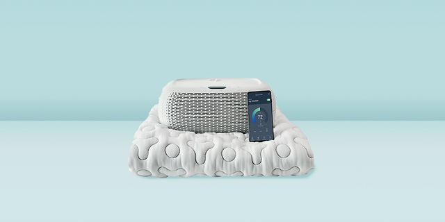 a chilisleep ooler sleep system with the control box, phone app and mattress pad on a blue background