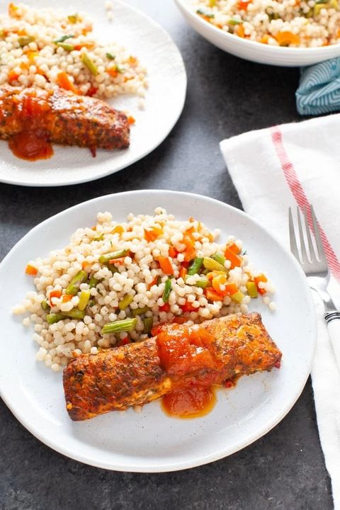 best couscous recipes salmon with roasted vegetable couscous