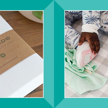 avocado organic crib sheets and a baby sitting on plaid crib sheet