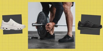 a pair of white training shoes, weightlifter, and a pair of black training shoes