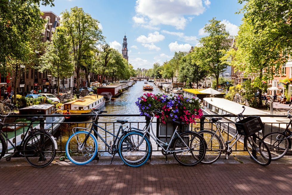 bikes by the canal on a sunny summer day in amsterdam, netherlands