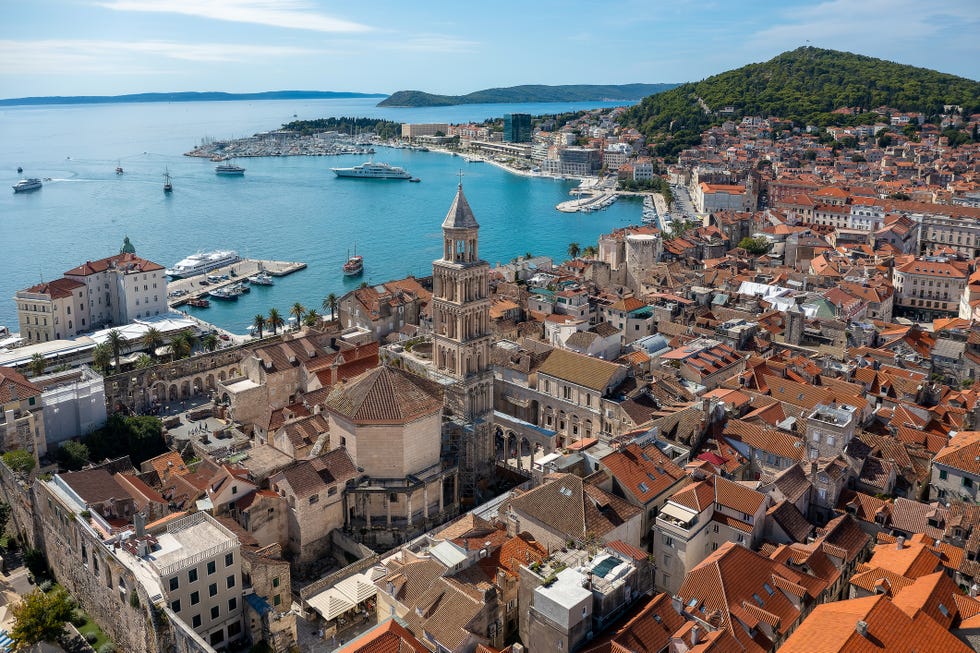 aerial drone view of split old town, croatia