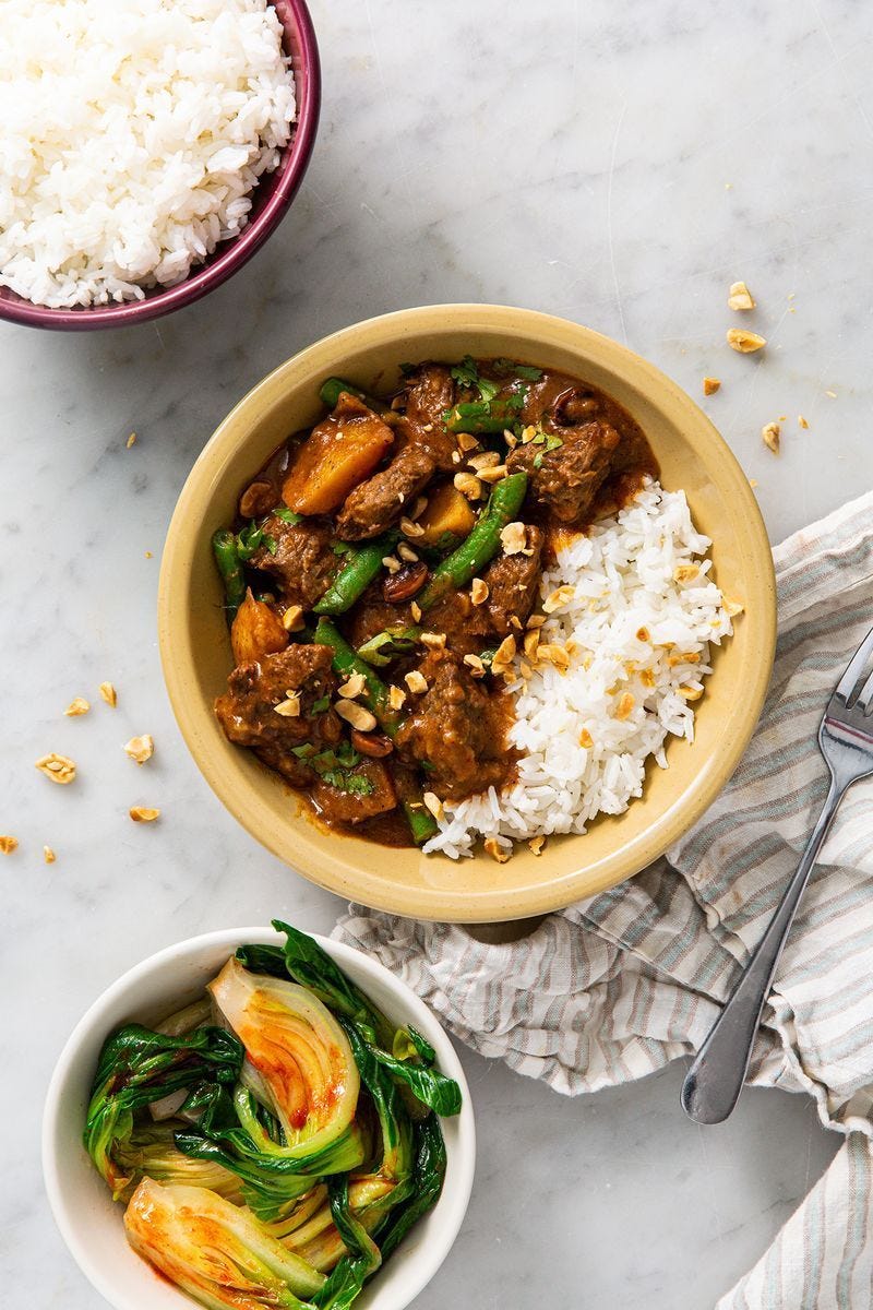 beef massaman curry over white rice