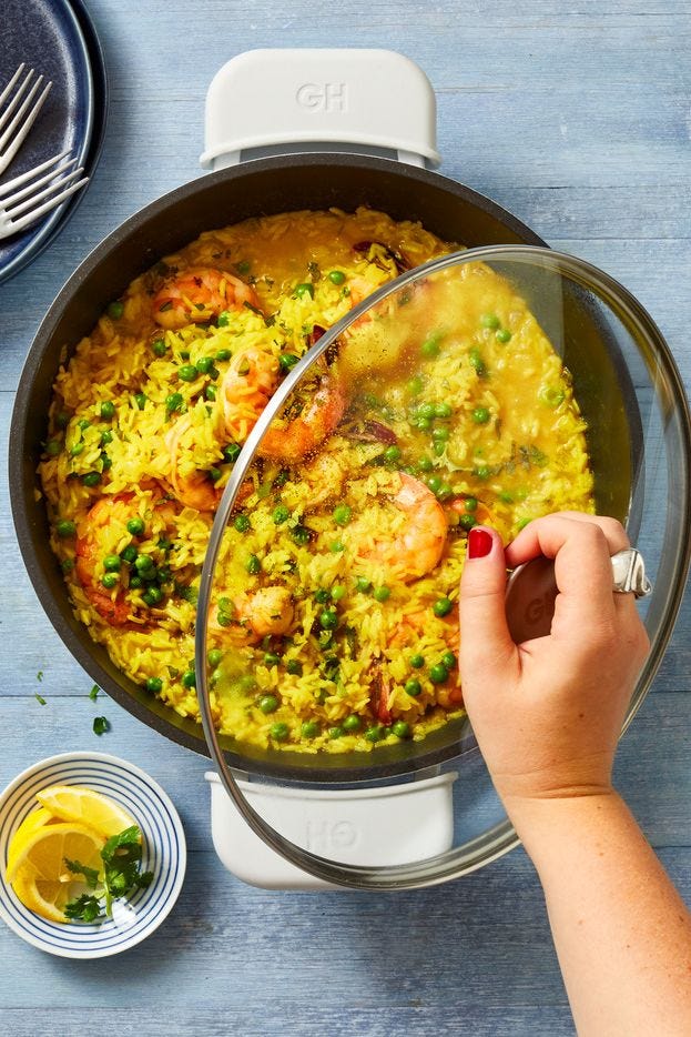 curry shrimp and rice in a pot