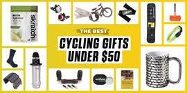 best gifts for cyclists that are under 50 dollars including hydration drink mixes, bike bottle openers, bike chain mugs, rechargeable bike light sets, lightweight bike inner tubes, rpm cadence sensors, and more