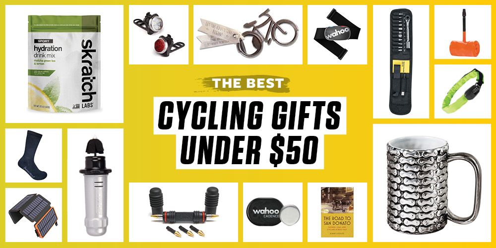 best gifts for cyclists that are under 50 dollars including hydration drink mixes, bike bottle openers, bike chain mugs, rechargeable bike light sets, lightweight bike inner tubes, rpm cadence sensors, and more