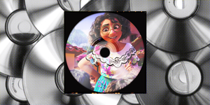 group of cds in black and white with mirabel from encanto superimposed on the front of one in color with cd case