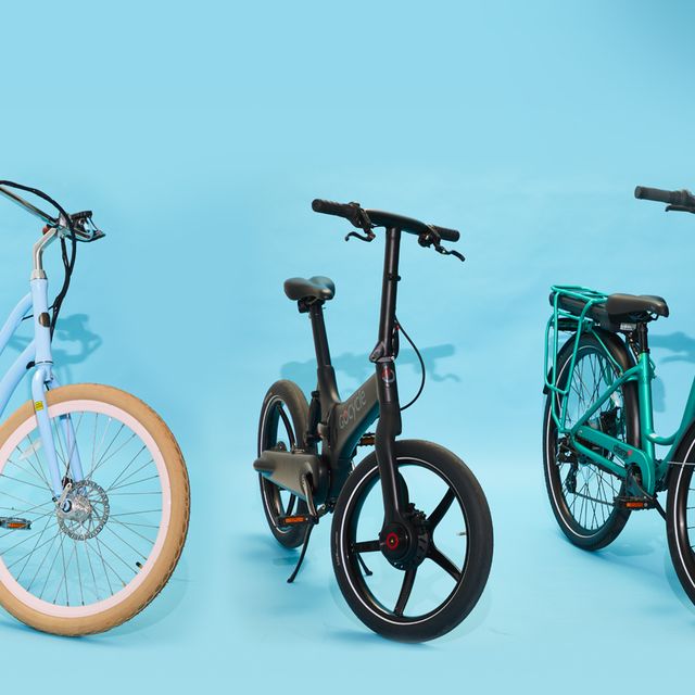 ebikes lined up on blue background