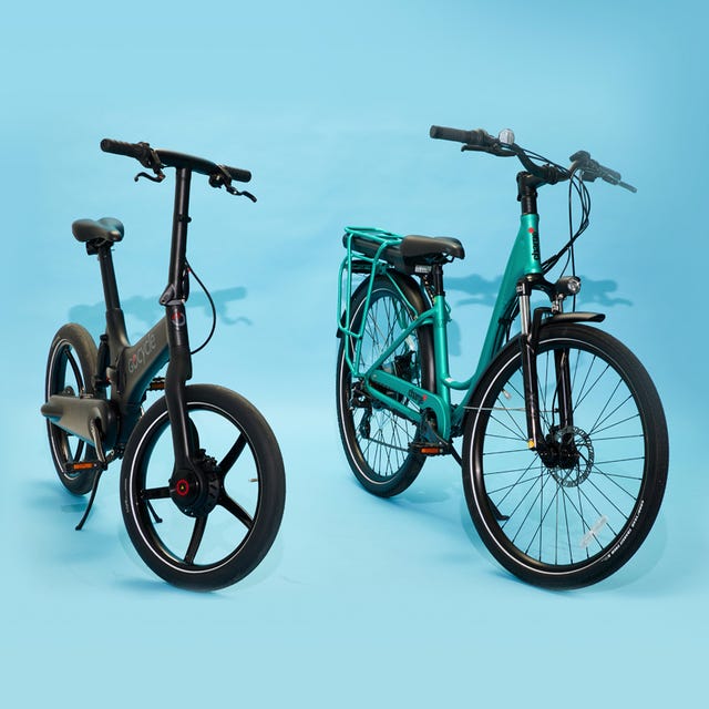 ebikes lined up on blue background