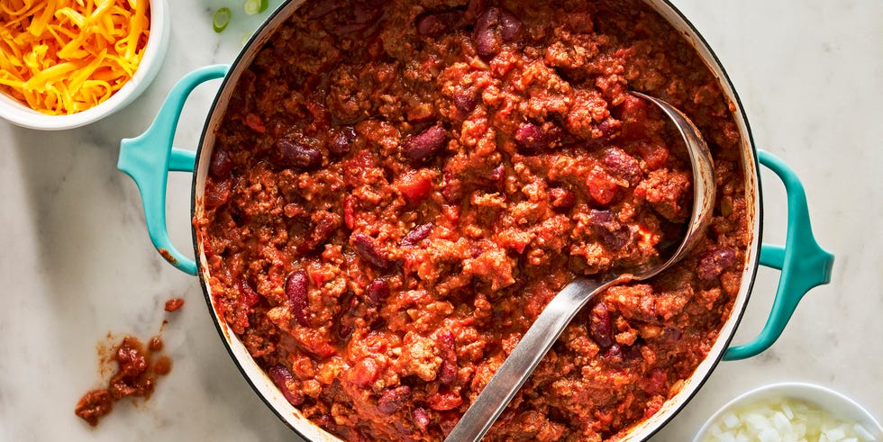 classic beef chili with sour cream and toppings