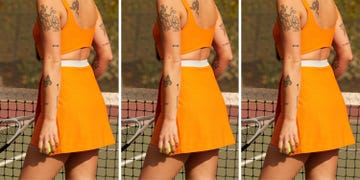 a collage of a woman on a tennis court wearing an exercise dress in a roundup of the best exercise dresses 2023