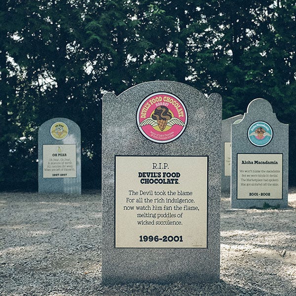the ice cream "graveyard" of retired flavors at the Ben & Jerry's factory, a Good Housekeeping pick for best factory tours the ice cream "graveyard" of retired flavors at the ben jerry's factory, a good housekeeping pick for best factory tours