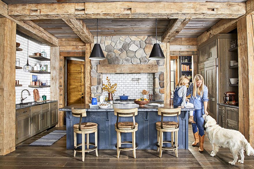 lakeside cabin home of megan and tyler duncan in bone lake, wisconsin kitchen with tons of textures countertops, subway tile, reclaimed beams, douglas fir cabinets, and rush barstools